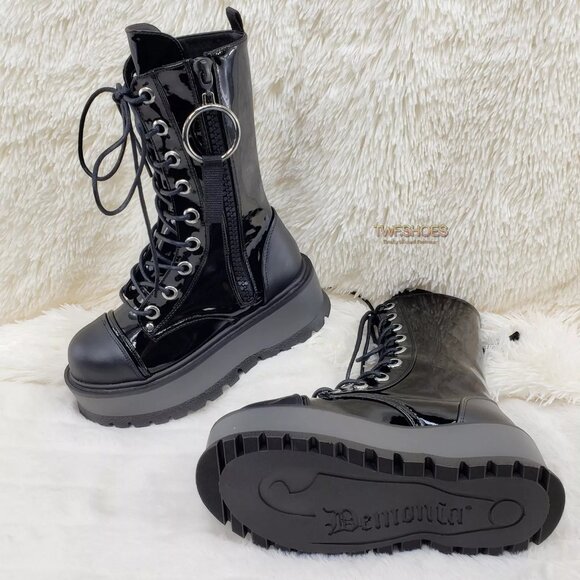 DEMONIA  Slacker 220 Black Matte & Patent Lace Up Zipper Mid Calf Boots DEMONIA Goth NY